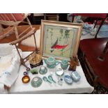 A Chinese silk picture of Koi Carp and quantity of pottery including teapot bowl paint brush stand