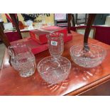 A vintage glass celery vase, fruit juice jug and 2 bowls