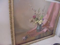 A framed oil on canvas early - mid 20th century still life signed Dymond, framed needs fixing,
