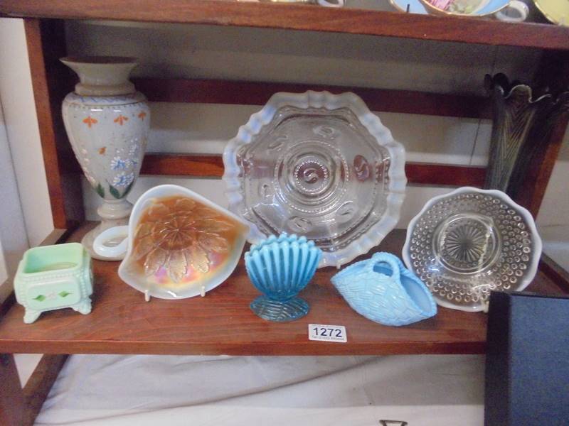 A mixed lot of antique glass including painted vase, carnival glass vase, candleholder etc.,