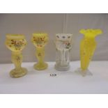 A pair of early 20th century yellow glass vases, 17cm, A small Victorian glass lustre 17cm