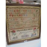 A framed and glazed Victorian sampler by Sarah Anne Mellor, Age 10 years, 1848, 50 x 50 cm. COLLECT.