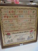 A framed and glazed Victorian sampler by Sarah Anne Mellor, Age 10 years, 1848, 50 x 50 cm. COLLECT.