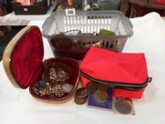 A quantity of costume jewellery, coins etc