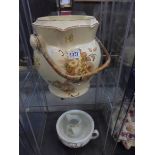 A Victorian slop bucket, a chamber pot and a toothbrush jar, COLLECT ONLY.