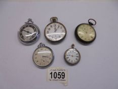 Three old pocket watches (2 working) a fob watch (working) and a stop watch a/f.