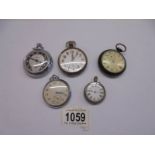 Three old pocket watches (2 working) a fob watch (working) and a stop watch a/f.