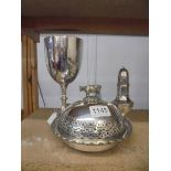 A silverplate goblet, sugar sifter and butter dish with cow knob.