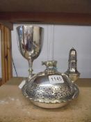 A silverplate goblet, sugar sifter and butter dish with cow knob.