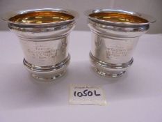 A pair of George V (1914) silver beakers 'From the wardroom mess HMS Mons, 29th September 1915',