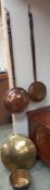 2 Victorian copper warming pans, jam pan and Indian brass gong COLLECT ONLY