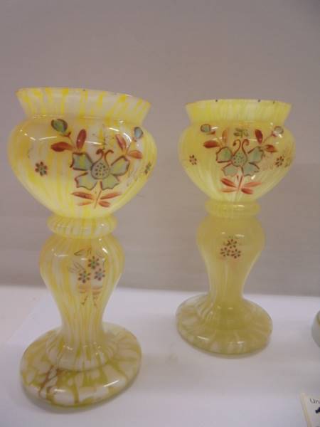 A pair of early 20th century yellow glass vases, 17cm, A small Victorian glass lustre 17cm - Image 2 of 4