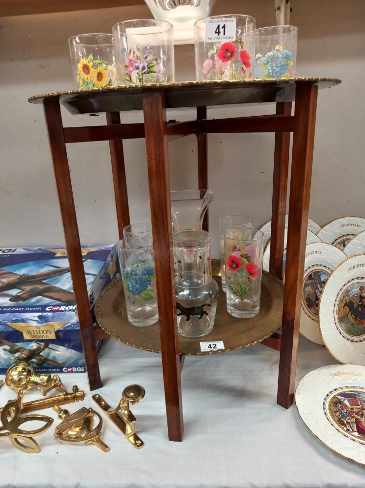 A brass and wood folding table, COLLECT ONLY.