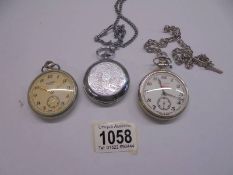 Two USSR pocket watches featuring railway engines (1 working) and a full hunter pocket watch.