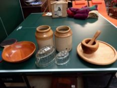Vintage glass jelly moulds, stoneware, lazy Susan board etc COLLECT ONLY