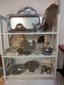 A varied selection of silver plated and chrome metalware on 3 shelves
