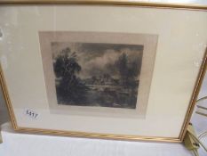 A mezotint engraving in black ink, circa 1830 by David Lucas of John Constable 'Lock on the Stour./