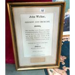 A John Walker framed and glazed chymist and druggist (Stockton) advertising letter, signed COLLECT