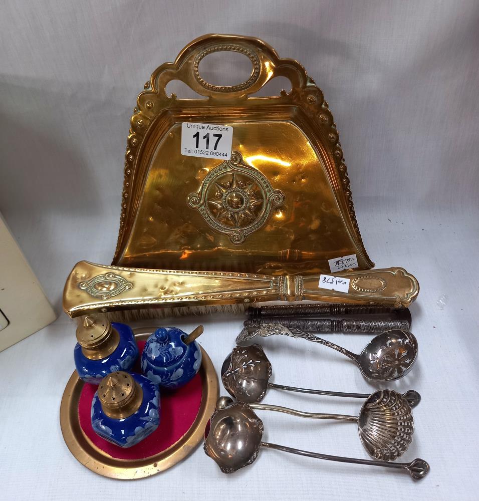A vintage brass crumb pan and brush, old nutcracker, condiment set, etc