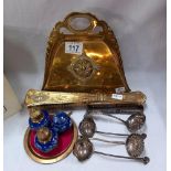A vintage brass crumb pan and brush, old nutcracker, condiment set, etc