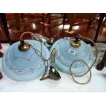 4 blue glass hanging lamp shades with fittings COLLECT ONLY