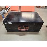 A vintage black painted wooden case/tool box