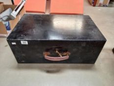 A vintage black painted wooden case/tool box