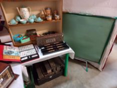 A vintage Mahjong set and various counters, dominoes & a games table etc. (games table missing 1