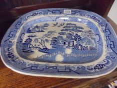 A large Victorian blue and white willow pattern meat platter, COLLECT ONLY.