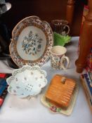 A Wedgwood mug, blue and white bowl, vintage cheese dish etc