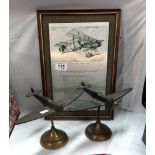 2 brass aeroplanes and a framed metal sign 'first set of rules'