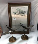 2 brass aeroplanes and a framed metal sign 'first set of rules'
