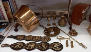 A Victorian jam pan and other brassware including horse brasses, Lincoln Imp toasting fork etc