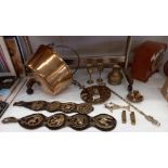 A Victorian jam pan and other brassware including horse brasses, Lincoln Imp toasting fork etc