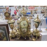 A three piece French clock set comprising ormolu and enamel clock with two sidepieces, COLLECT ONLY.