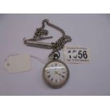 A Victorian ladies silver fob watch on silver chain, in working order, (chain 17 grams).