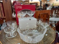 A boxed Royal Crystal Rock fruit bowl and 6 sundae dishes on dished bases