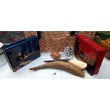 A mixed lot including vintage tins, cow's horns, a fairing entitled 'The wedding night' and a shell
