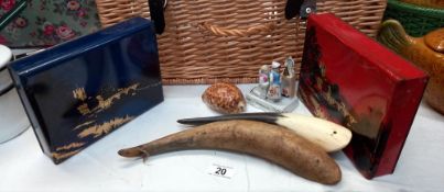 A mixed lot including vintage tins, cow's horns, a fairing entitled 'The wedding night' and a shell