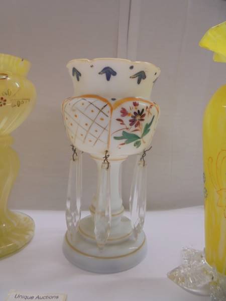 A pair of early 20th century yellow glass vases, 17cm, A small Victorian glass lustre 17cm - Image 3 of 4
