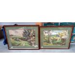 2 vintage oak framed watercolours of the countryside