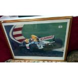 Framed and glazed 'Flying colours' by Peter Sissons, Nigel Mansell world champion 1992 COLLECT ONLY