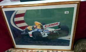 Framed and glazed 'Flying colours' by Peter Sissons, Nigel Mansell world champion 1992 COLLECT ONLY