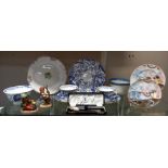 A mixed lot of pottery, porcelain, red Mikado Hummel figures, silver spoon, cabinet plate