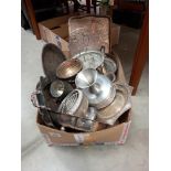 A box of metalware including silver plate, pewter etc