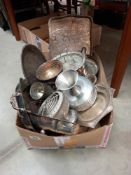 A box of metalware including silver plate, pewter etc