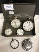 6 pocket watches in an old tin
