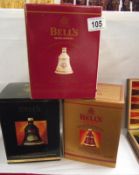 3 boxed Bells whisky decanters Christmas, Christmas 99 and Christmas 2000