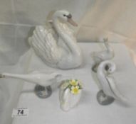4 Lladro ornaments including large Swan plus Royal Doulton example