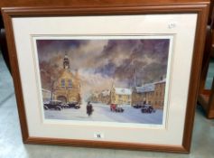 A signed framed & glazed print by Sean Bolan of classic cars in street scene COLLECT ONLY